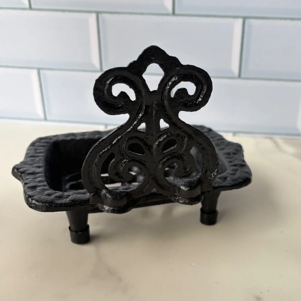 Cast‎ Iron Soap Dish Fleur De Lis Scrollwork Black Metal Footed Holder